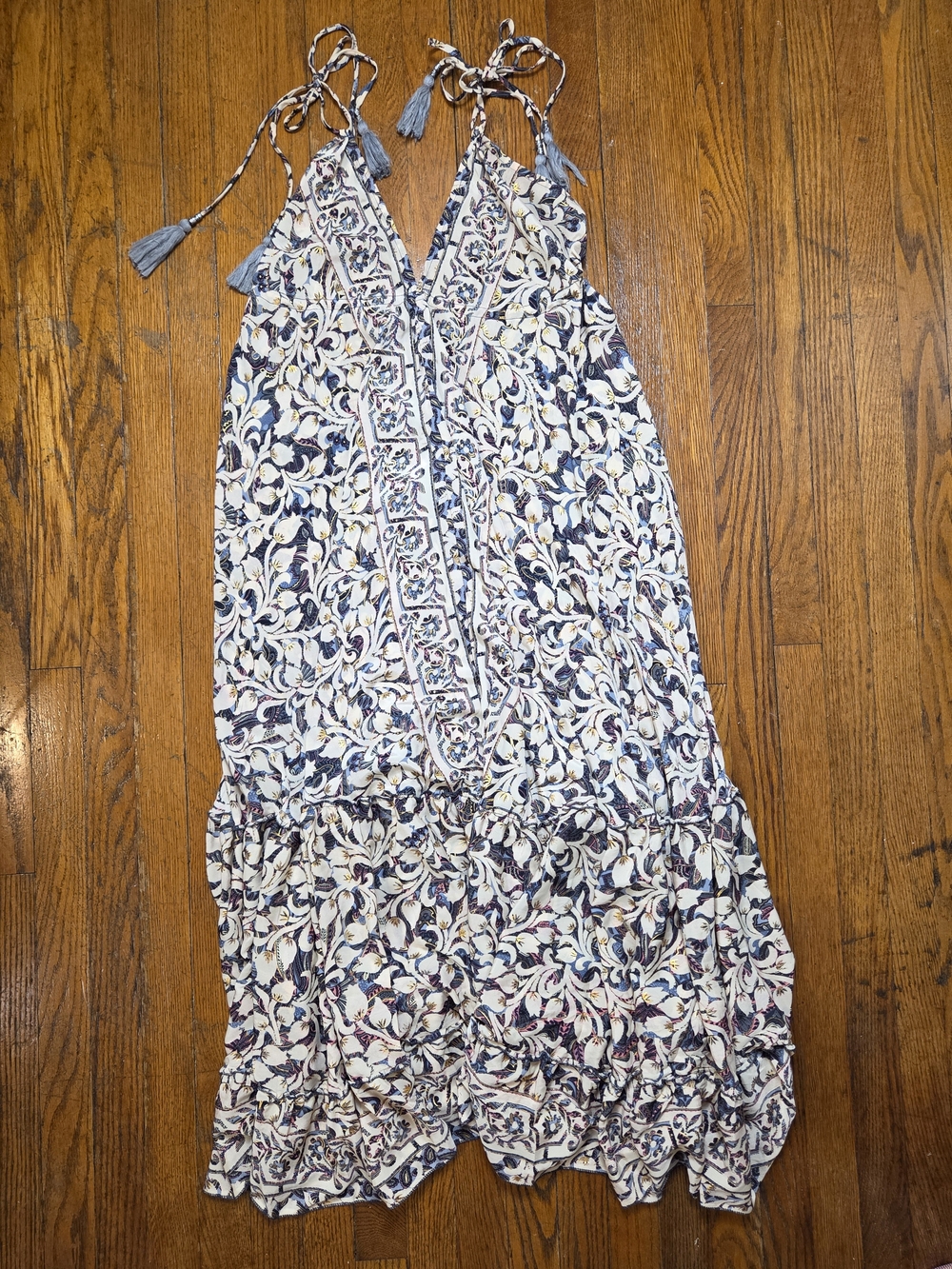 Handmade Tortuga V-Neck Maxi Dress in Blue & Cream Floral Poly Silk Gold Accents